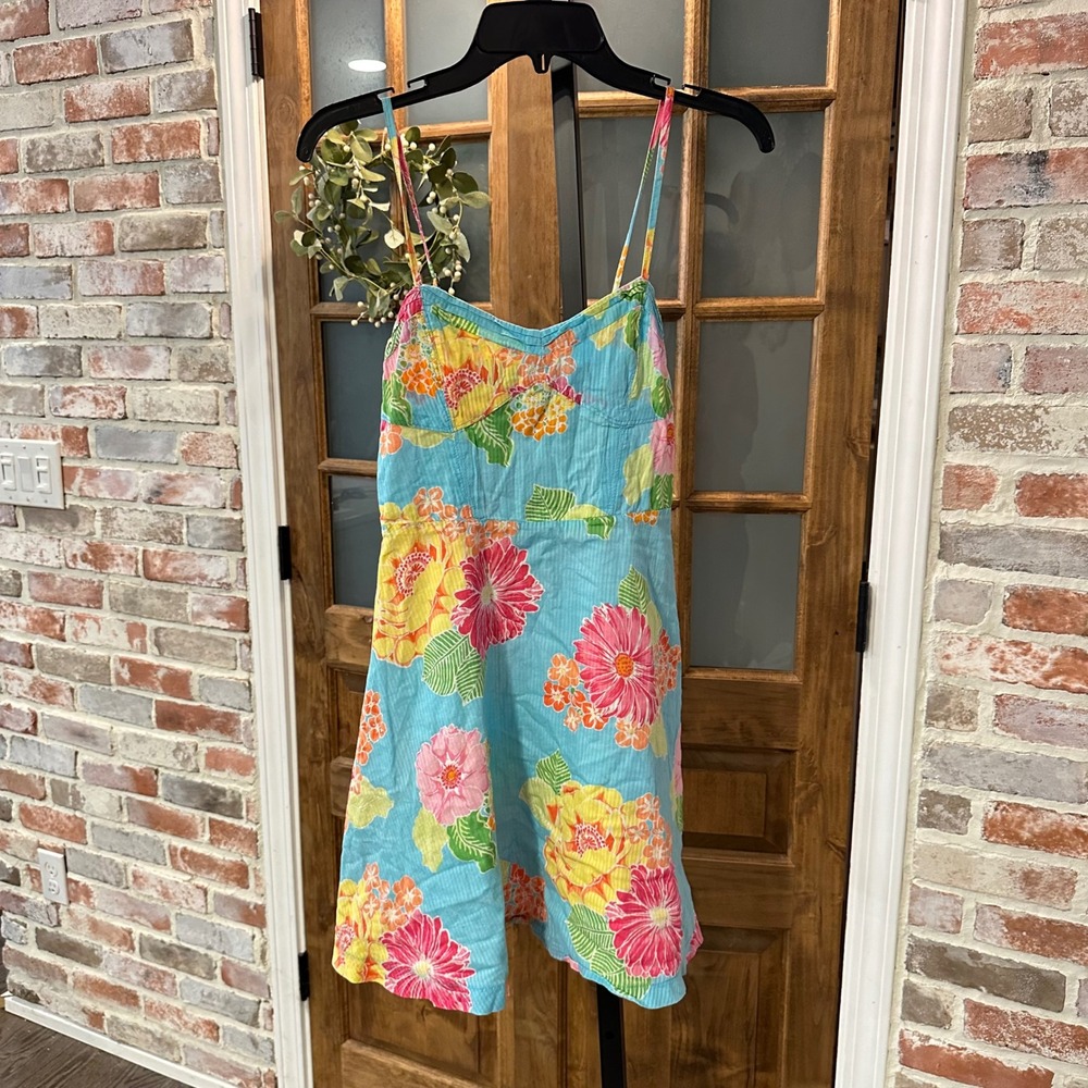 Aeropostale Sundress Womens Small Blue Floral Y2K Tropical Seersucker Mini Dress